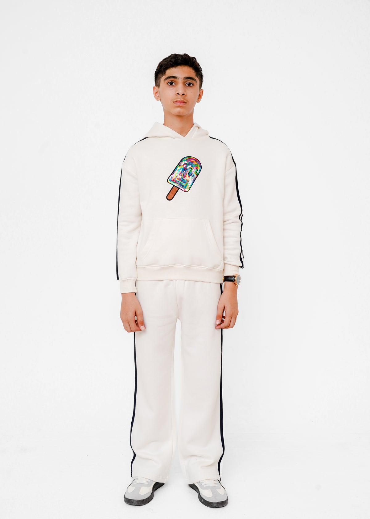 MESH EMB STRIPE HOODIE SUIT