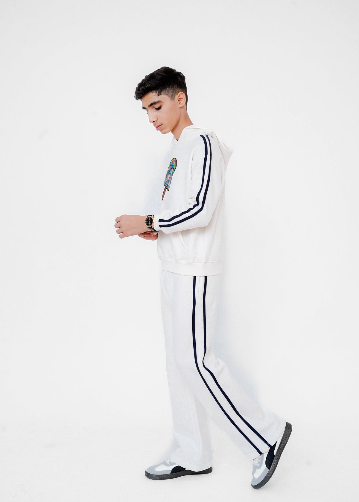 MESH EMB STRIPE HOODIE SUIT