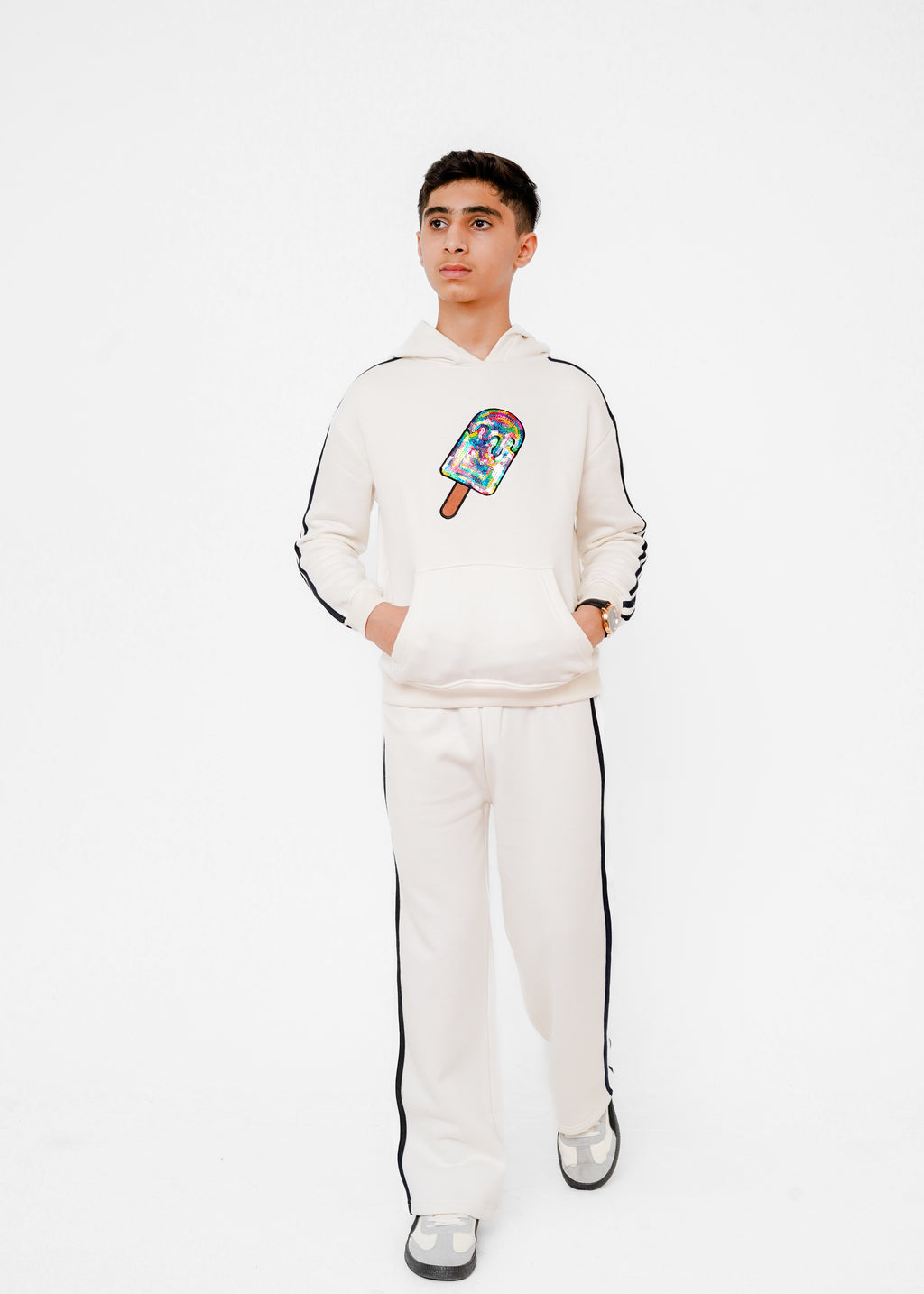 MESH EMB STRIPE HOODIE SUIT