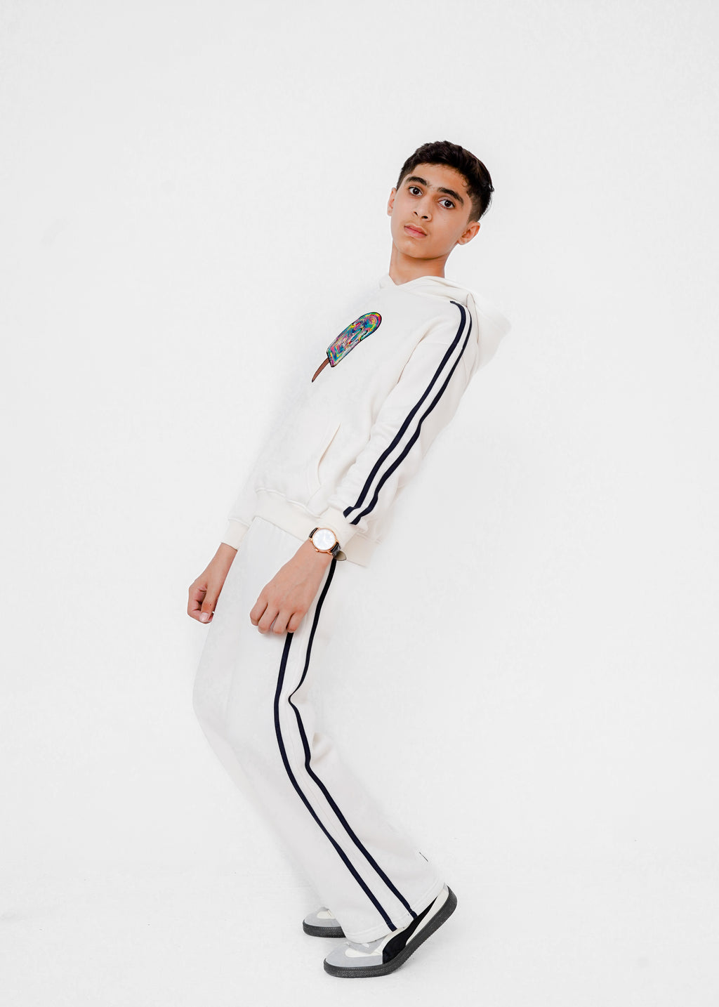 MESH EMB STRIPE HOODIE SUIT